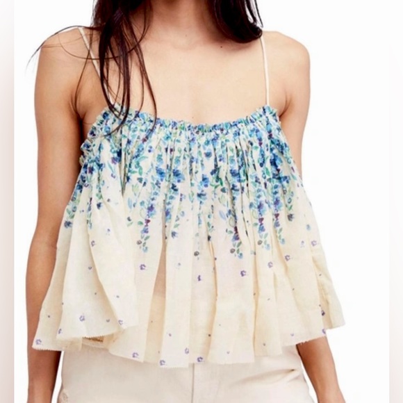 Free People Intimately Instant Crush Printed Tank in Ivory Blue Flowers - Picture 1 of 7
